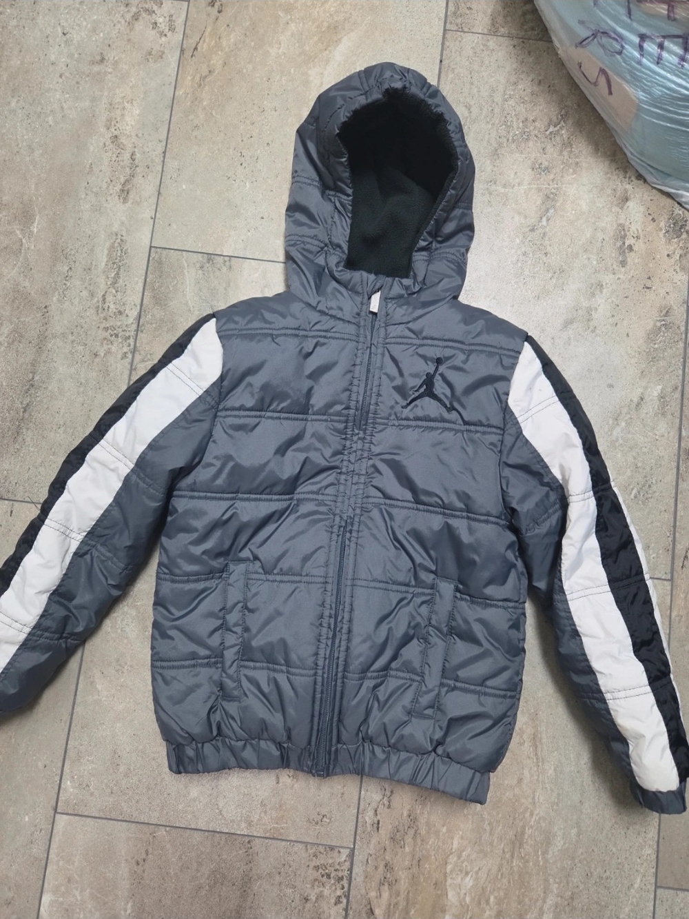 - Jordan Boys' Gray Hooded Puffer Jacket with White & Black Sleeve Stripes